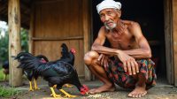 grandfather and his black rooster